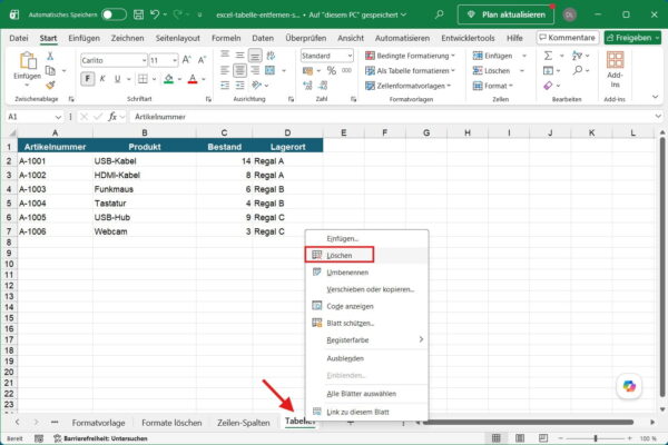 Komplettes Arbeitsblatt in Excel löschen Excel-Arbeitsblatt Tabelle1 über das Kontextmenü löschen