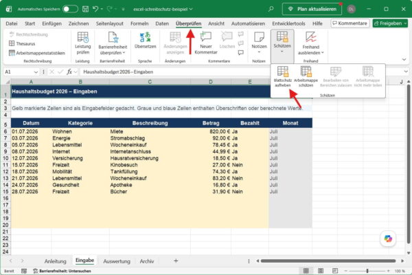 Blattschutz in Excel über die Registerkarte „Überprüfen“ aufheben
