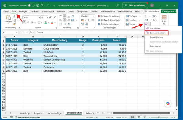 Sämtliche Formatierungen einer Excel-Tabelle entfernen Excel-Tabelle nach dem Umwandeln über Formate löschen zurücksetzen