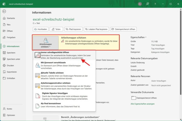 Excel-Option „Immer schreibgeschützt öffnen“ im Menü Arbeitsmappe schützen