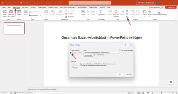 Excel-Arbeitsblatt als Objekt in PowerPoint einfügen Excel-Arbeitsblatt über Objekt in PowerPoint einfügen