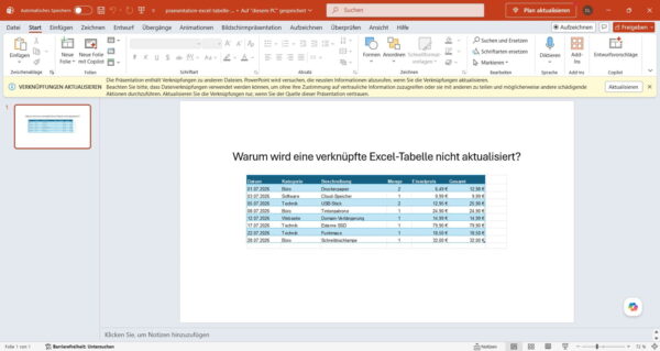 Verknüpfte Excel-Tabelle in PowerPoint aktualisieren PowerPoint-Hinweis zum Aktualisieren einer verknüpften Excel-Tabelle