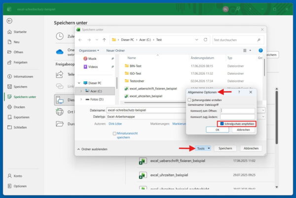 Option „Schreibschutz empfehlen“ in den allgemeinen Excel-Speicheroptionen