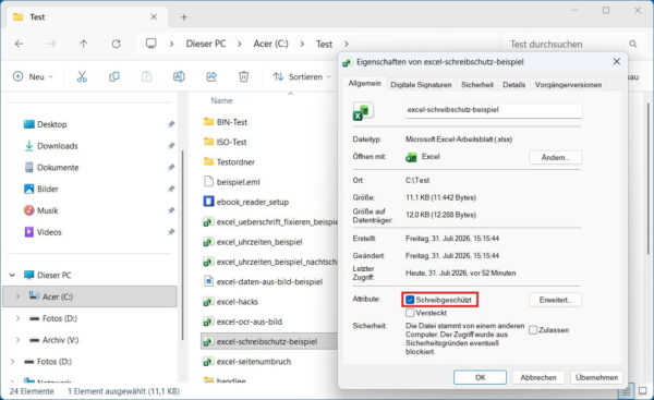 Schreibgeschützt-Attribut einer Excel-Datei in den Windows-Eigenschaften