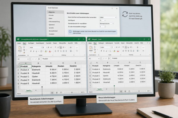 Excel zeigt, warum eine geänderte Standardschrift erst nach Neustart und nur für neue Arbeitsmappen übernommen wird