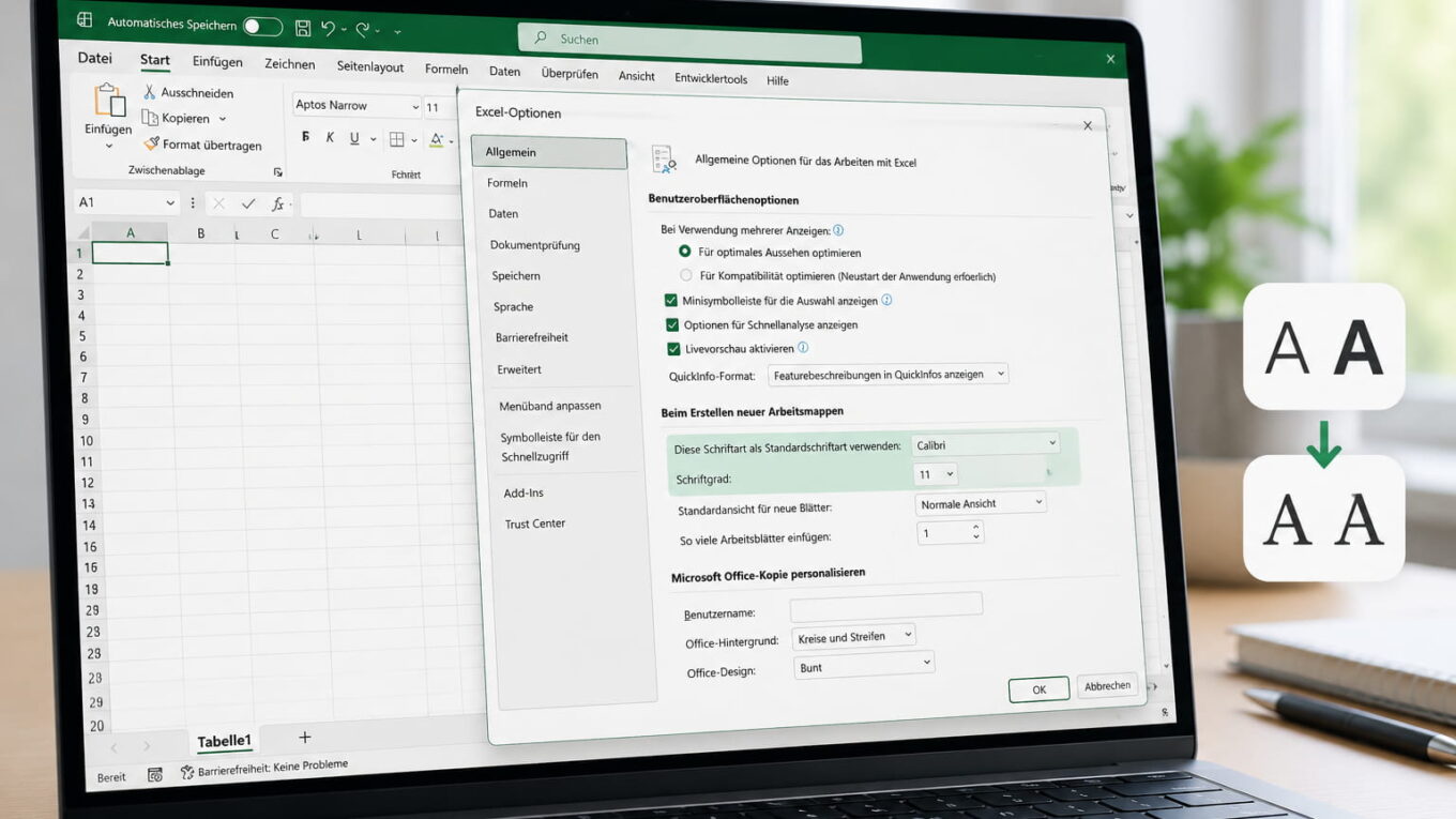 Excel-Optionen zum Ändern der Standardschrift und Schriftgröße für neue Arbeitsmappen
