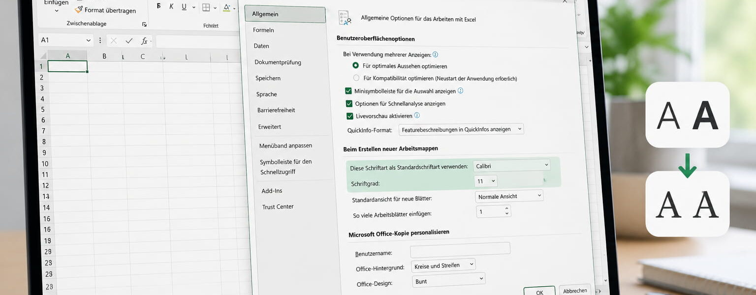 Excel-Optionen zum Ändern der Standardschrift und Schriftgröße für neue Arbeitsmappen