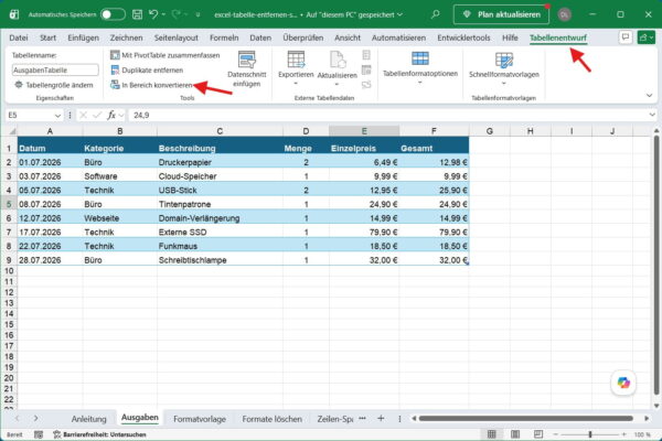 Excel-Tabelle in einen normalen Zellbereich umwandeln Excel-Tabelle über Tabellenentwurf in einen Bereich konvertieren