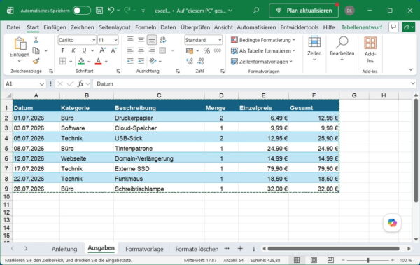Excel-Tabelle für PowerPoint kopieren Markierter Zellbereich in Excel zum Einfügen in PowerPoint