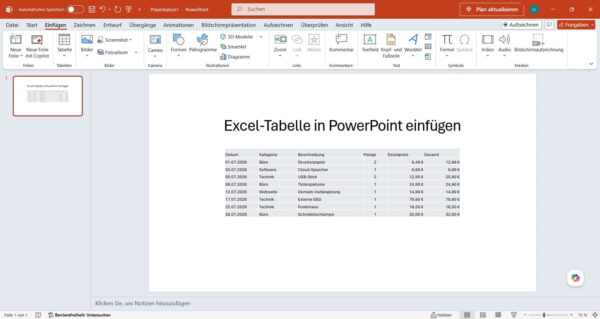 Excel-Tabelle in PowerPoint eingefügt Eingefügte Excel-Tabelle auf einer PowerPoint-Folie