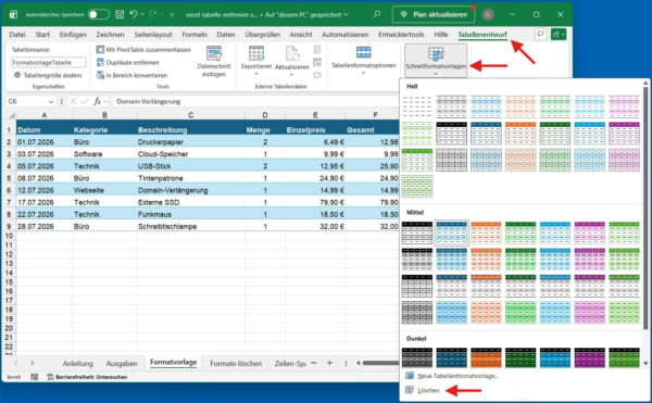 Tabellenformatvorlage in Excel entfernen Excel-Tabellenformatierung über Tabellenentwurf und Löschen entfernen