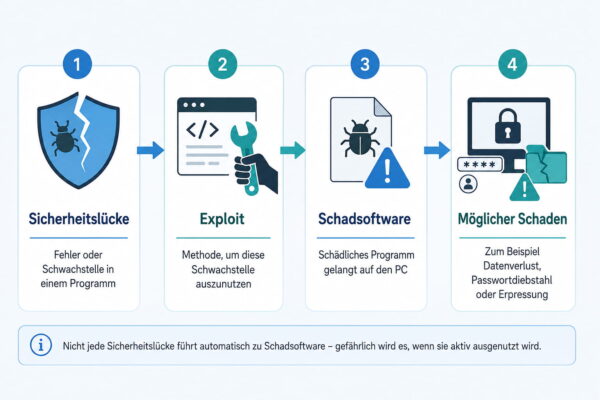 Exploit einfach erklärt: Sicherheitslücke wird ausgenutzt und kann zu Schadsoftware oder Datenverlust führen