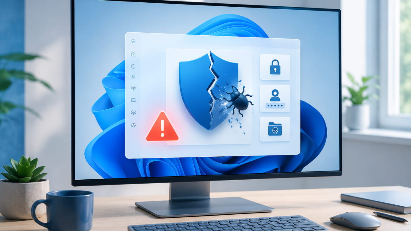 Exploit auf Windows-PC mit Sicherheitswarnung und beschädigtem Schutzschild
