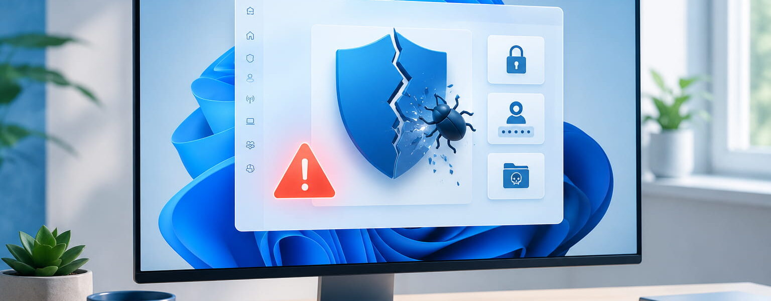Exploit auf Windows-PC mit Sicherheitswarnung und beschädigtem Schutzschild