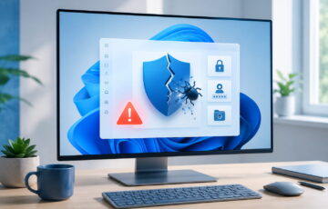Exploit auf Windows-PC mit Sicherheitswarnung und beschädigtem Schutzschild