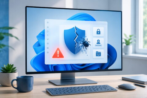 Exploit auf Windows-PC mit Sicherheitswarnung und beschädigtem Schutzschild