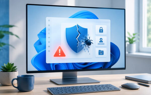 Exploit auf Windows-PC mit Sicherheitswarnung und beschädigtem Schutzschild