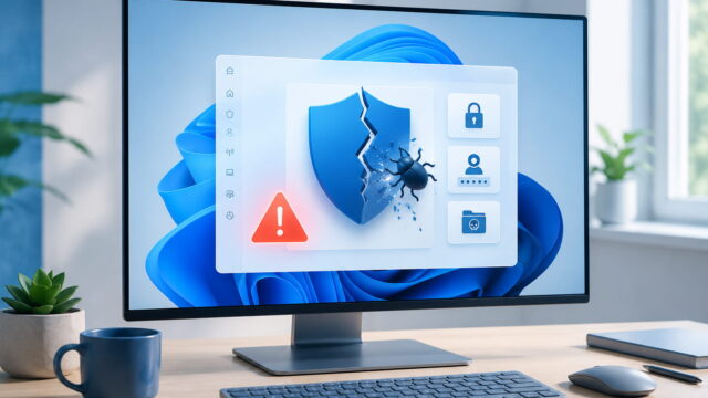 Exploit auf Windows-PC mit Sicherheitswarnung und beschädigtem Schutzschild