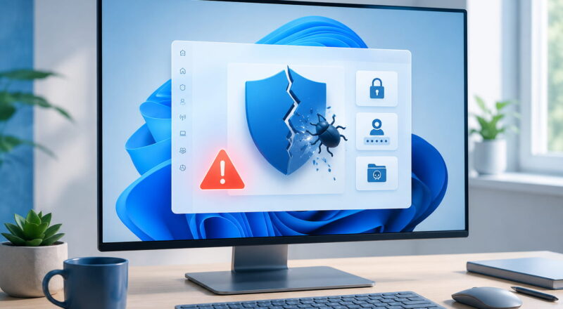 exploit windows Exploit auf Windows-PC mit Sicherheitswarnung und beschädigtem Schutzschild