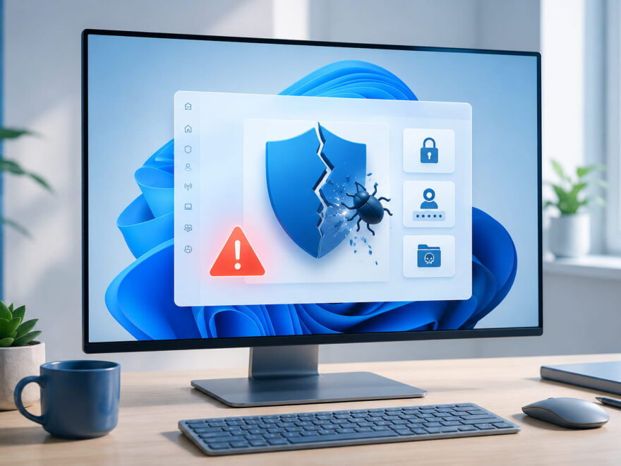 Exploit auf Windows-PC mit Sicherheitswarnung und beschädigtem Schutzschild