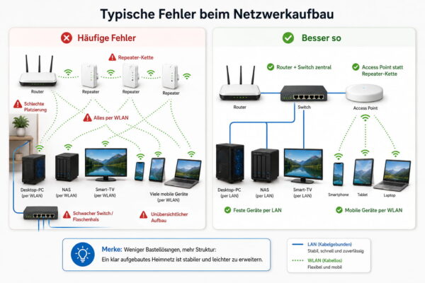 Typische Fehler beim Netzwerkaufbau im Heimnetz Infografik zu typischen Fehlern beim Netzwerkaufbau mit Vergleich zwischen chaotischem Heimnetz und sinnvoll aufgebautem Netzwerk mit Router, Switch und Access Point
