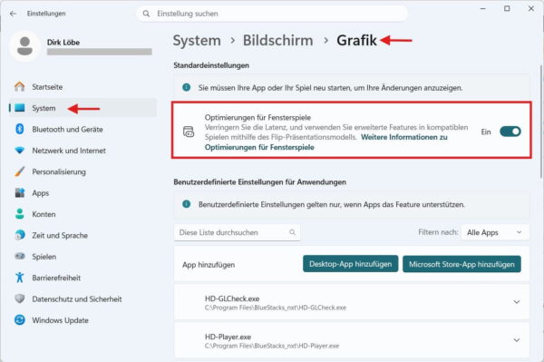 Windows 11 Grafikeinstellungen mit aktivierter Optimierung für Fensterspiele