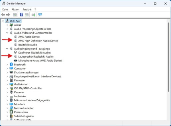 Geräte-Manager in Windows mit Audiotreibern und Kopfhörer-Eintrag
