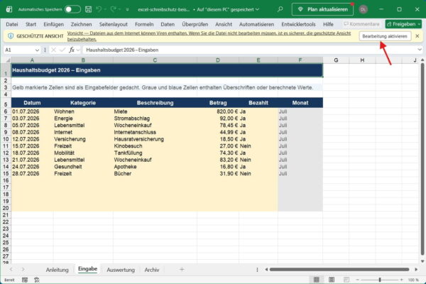 Excel in geschützter Ansicht mit der Schaltfläche „Bearbeitung aktivieren“