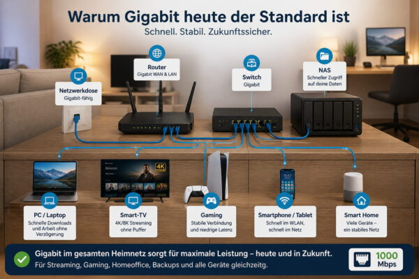 Modernes Heimnetzwerk mit Gigabit-Router, Switch und mehreren Geräten