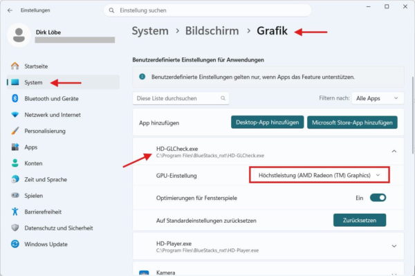Windows 11 Grafikeinstellungen mit ausgewählter GPU-Einstellung Höchstleistung für eine App