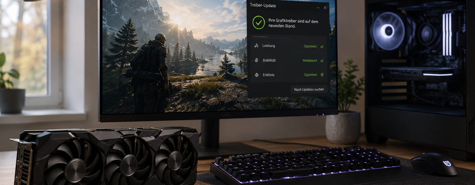 Gaming-PC mit Grafikkarte und Hinweis auf aktuellen Grafikkartentreiber