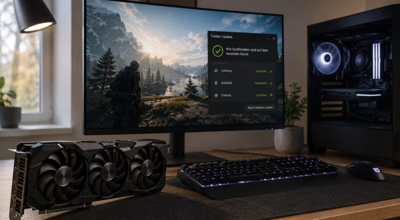 Gaming-PC mit Grafikkarte und Hinweis auf aktuellen Grafikkartentreiber