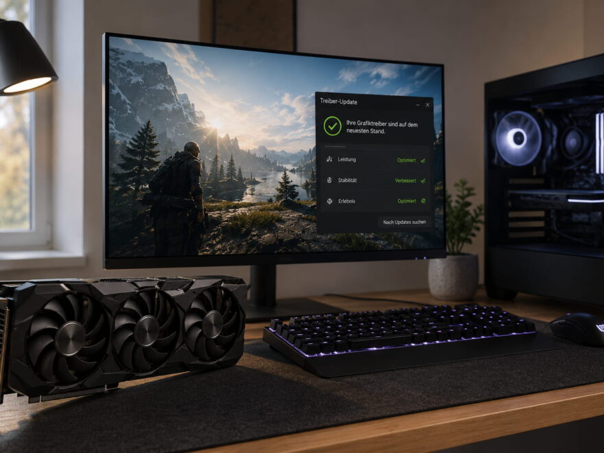 Gaming-PC mit Grafikkarte und Hinweis auf aktuellen Grafikkartentreiber