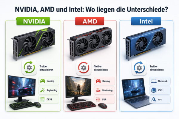 NVIDIA, AMD und Intel im Vergleich bei Grafikkartentreibern Vergleichsgrafik zu Grafikkartentreibern von NVIDIA, AMD und Intel