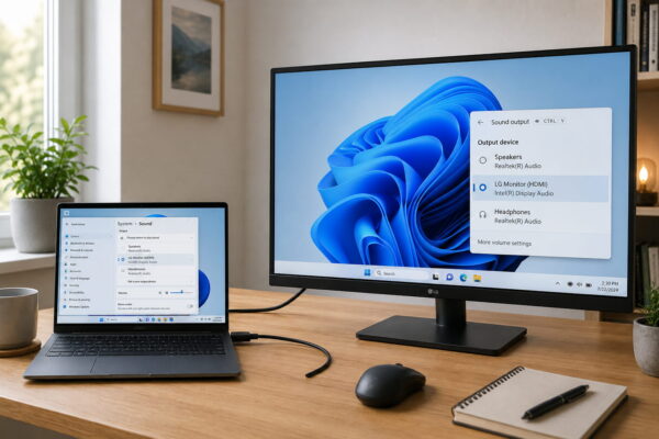 HDMI-Ausgabegerät in Windows auswählen Windows 11 Soundausgabe mit ausgewähltem HDMI-Monitor