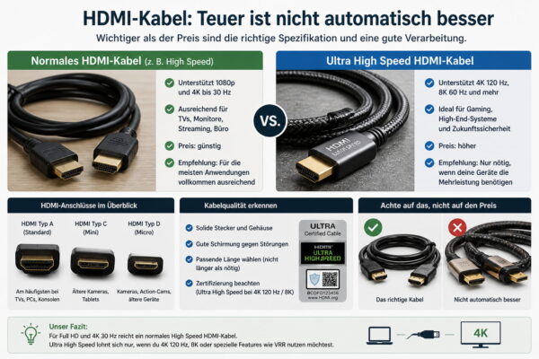 HDMI-Kabel im Vergleich – worauf es wirklich ankommt Vergleich zwischen normalem HDMI-Kabel und Ultra High Speed HDMI-Kabel mit Unterschieden bei Auflösung und Nutzung