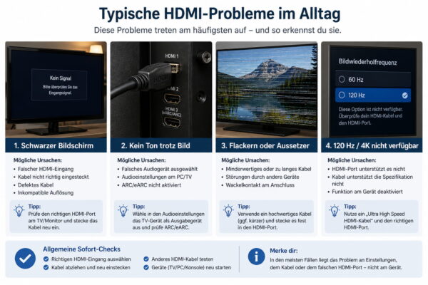 HDMI-Probleme im Alltag – Ursachen und Lösungen Typische HDMI-Probleme wie schwarzer Bildschirm, kein Ton oder Flackern einfach erklärt