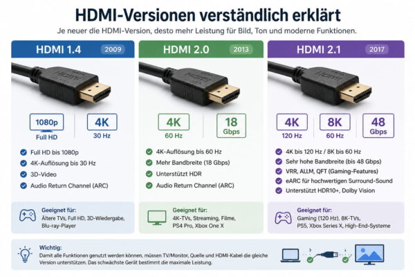 HDMI-Versionen im Vergleich – Unterschiede einfach erklärt Vergleich der HDMI-Versionen 1.4, 2.0 und 2.1 mit Auflösung, Bildrate und Funktionen