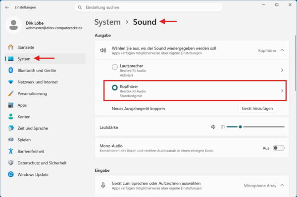 Kopfhörer wird in den Windows 11 Soundeinstellungen als Ausgabegerät angezeigt