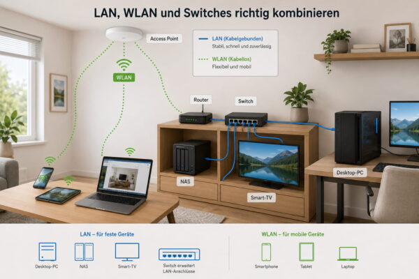 LAN, WLAN und Switches im Heimnetz richtig kombinieren Infografik zur Kombination von LAN, WLAN und Switches im Heimnetz mit Router, Access Point, NAS, Smart-TV, Desktop-PC sowie mobilen Geräten