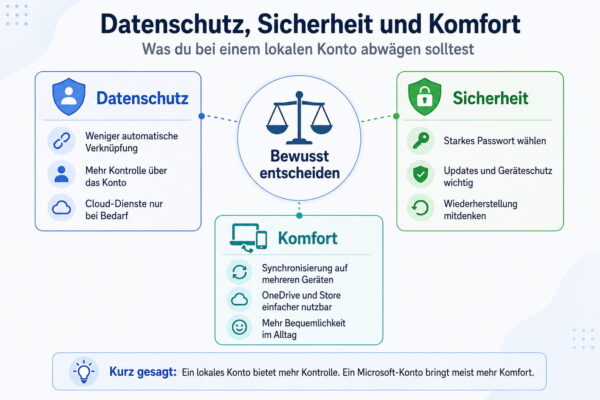 Lokales Konto: Datenschutz, Sicherheit und Komfort abwägen Infografik zur Abwägung von Datenschutz, Sicherheit und Komfort bei einem lokalen Konto unter Windows 11
