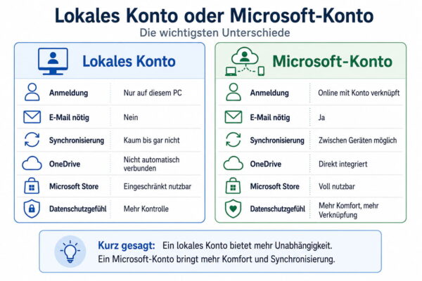 Lokales Konto oder Microsoft-Konto unter Windows 11 Vergleich zwischen lokalem Konto und Microsoft-Konto unter Windows 11