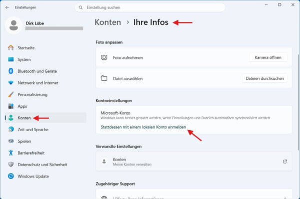 Lokales Konto in Windows 11 nachträglich erstellen Windows-11-Einstellungen mit Option zum Wechsel auf ein lokales Konto