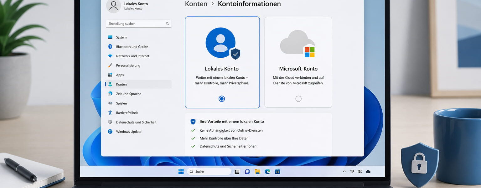 Windows-11-Laptop mit ausgewähltem lokalem Konto in den Kontoeinstellungen