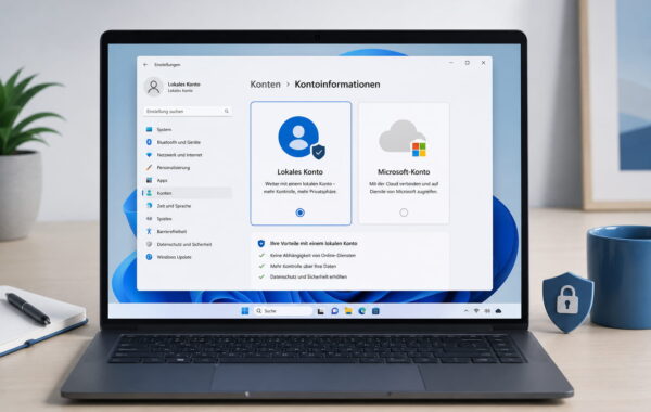 Windows-11-Laptop mit ausgewähltem lokalem Konto in den Kontoeinstellungen