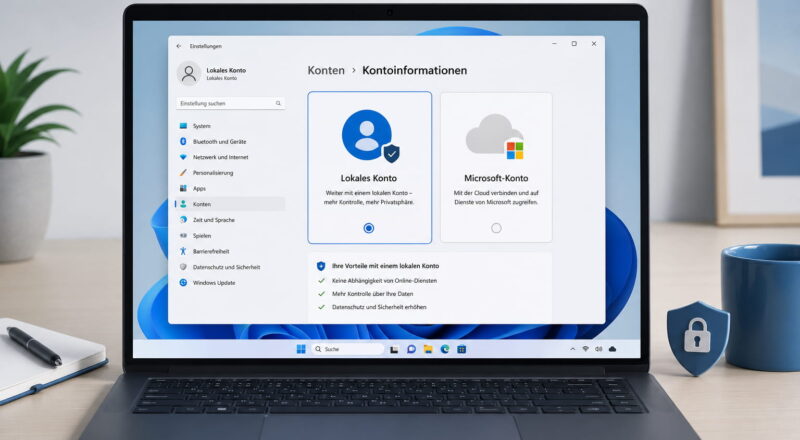Windows-11-Laptop mit ausgewähltem lokalem Konto in den Kontoeinstellungen