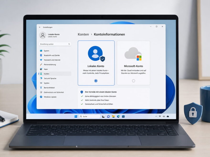 Windows-11-Laptop mit ausgewähltem lokalem Konto in den Kontoeinstellungen