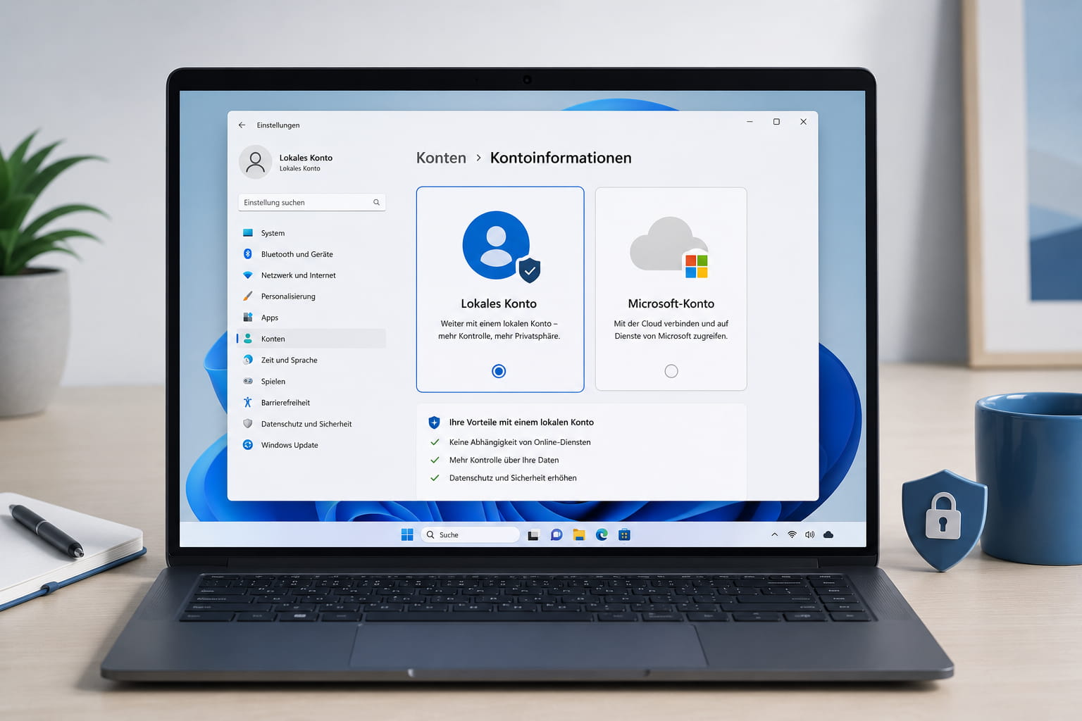 Windows-11-Laptop mit ausgewähltem lokalem Konto in den Kontoeinstellungen