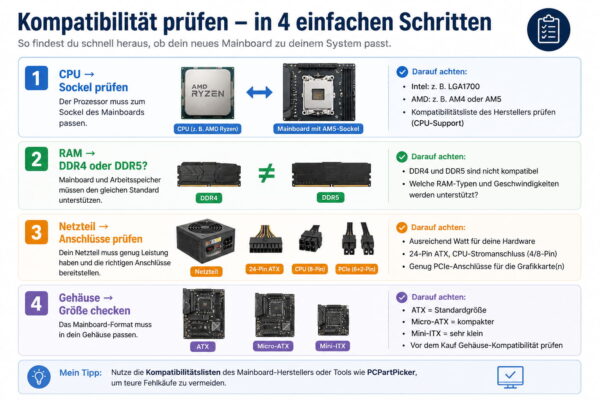 Infografik zur Mainboard-Kompatibilität mit CPU-, RAM-, Netzteil- und Gehäuseprüfung vor einem PC-Upgrade