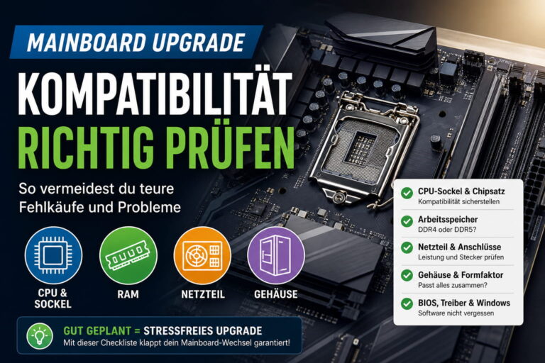 Featured Image zum Thema Mainboard-Upgrade mit Hinweisen zu CPU-Sockel, RAM, Netzteil und Kompatibilität beim PC-Aufrüsten